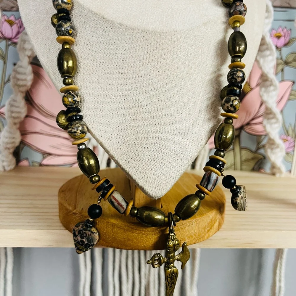 Boho Ethnic‎ Necklace Brown and Gold Toned Bone Beads Ceremonial India